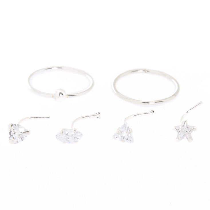 Set Of Six Claire/'s 22 Gauge Sterling Silver Flowers Rhinestone Hoop Nose Rings